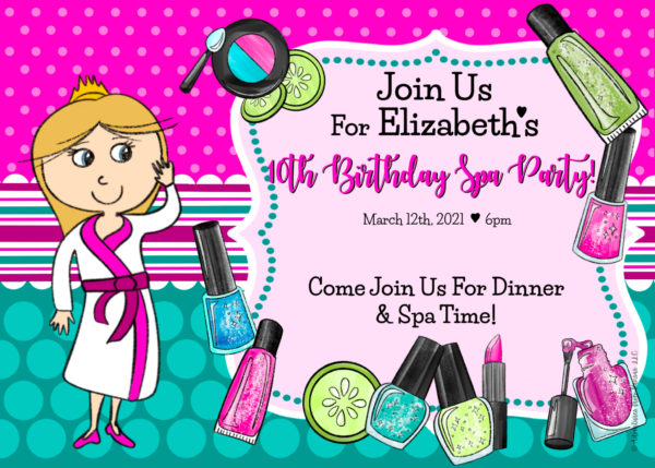 invitation of girl in robe, pink and teal colors, with cucumbers, nail polish, lipstick,