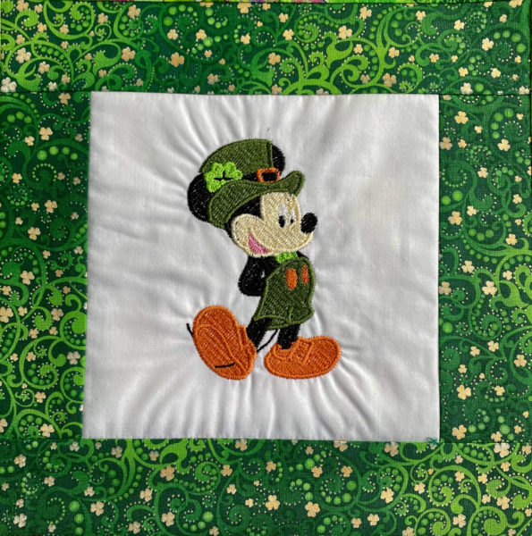 Magical Mouse Leprechaun  on white cotton placemat embroidery 