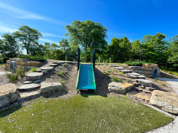 roller slide and rock stairs playground