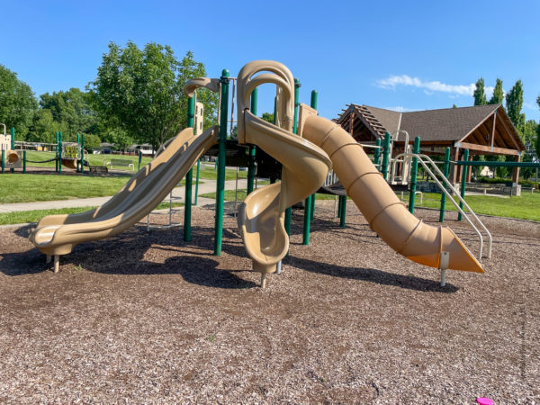 slides off the playground at Veterans Memorial Park