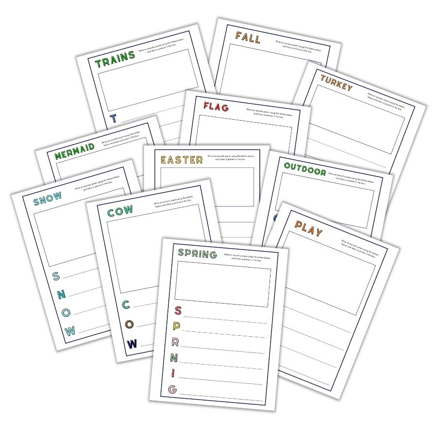 white background with poem worksheets places to draw and then write a word