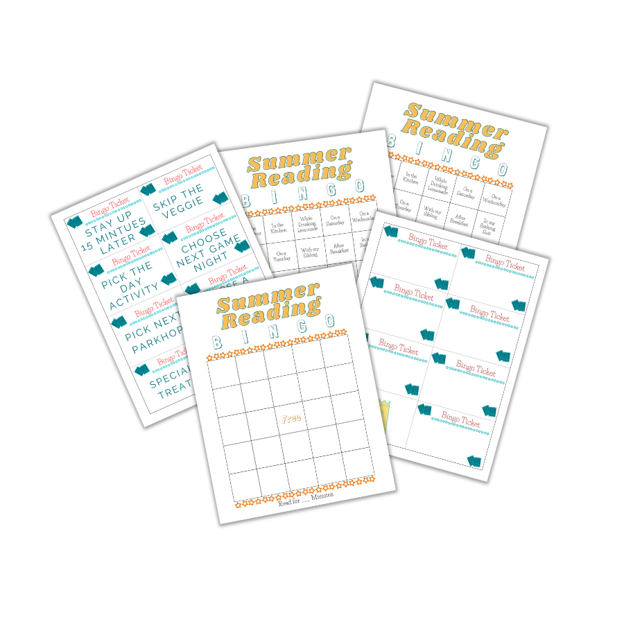 layflat of images included in free ticket pages, blank bingo, filled out summer reading bingo boards