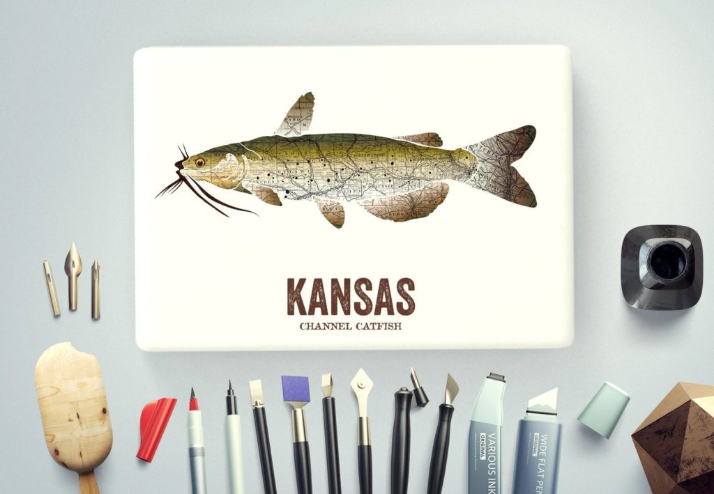 paint brushes with canvas with cat fish KANSAS, a unique gift of state art