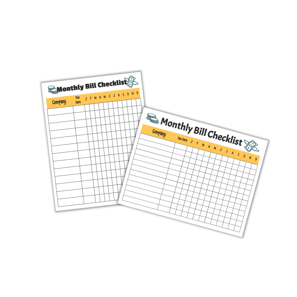 white background with Monthly Bill Checklist on top with yellow header with checkboxes with place for company, and then each month