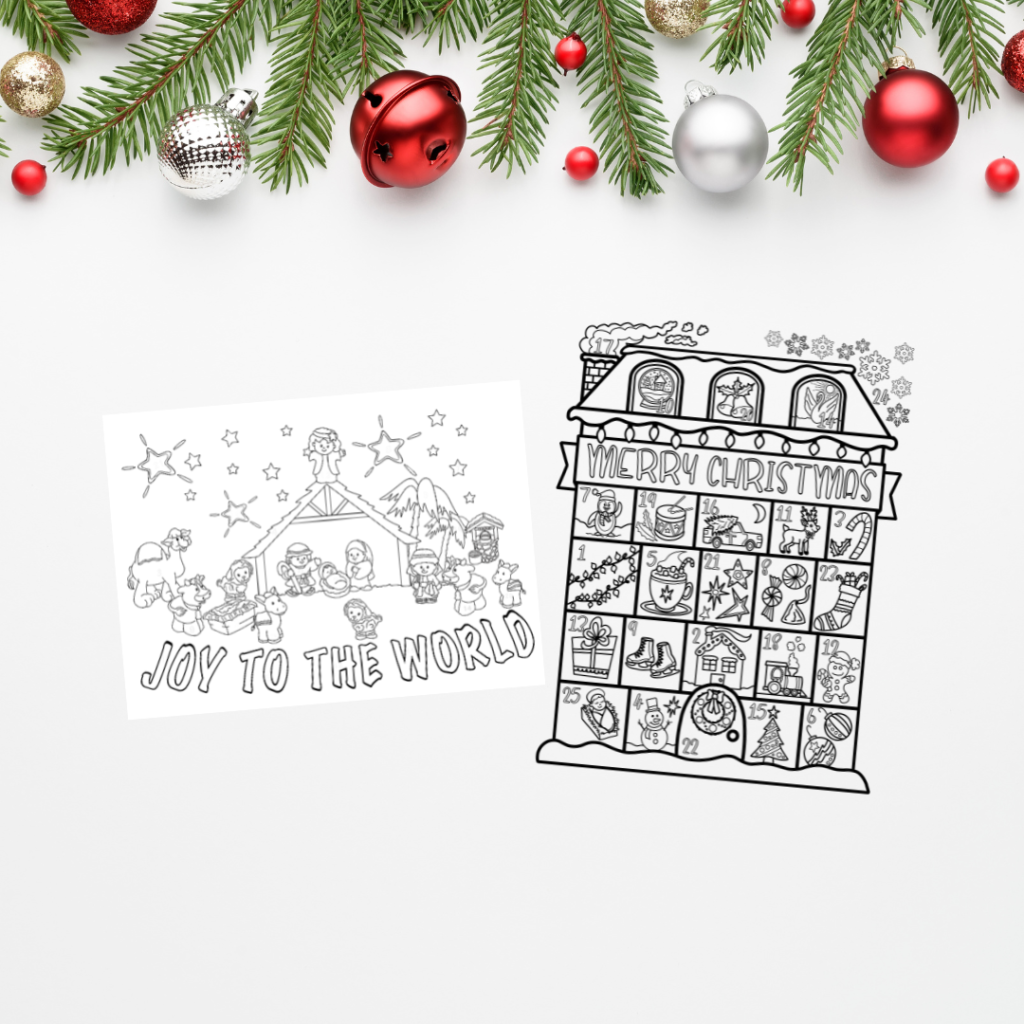 pine with bell and ornaments at top with two papers laid on it with printable advent calendars. 