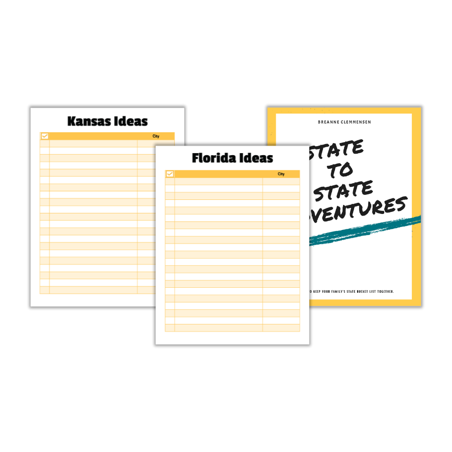 white background with pages of the state to state adventures with yellow board and teal line, then two state pages shown with yellow white lined paper and check box
