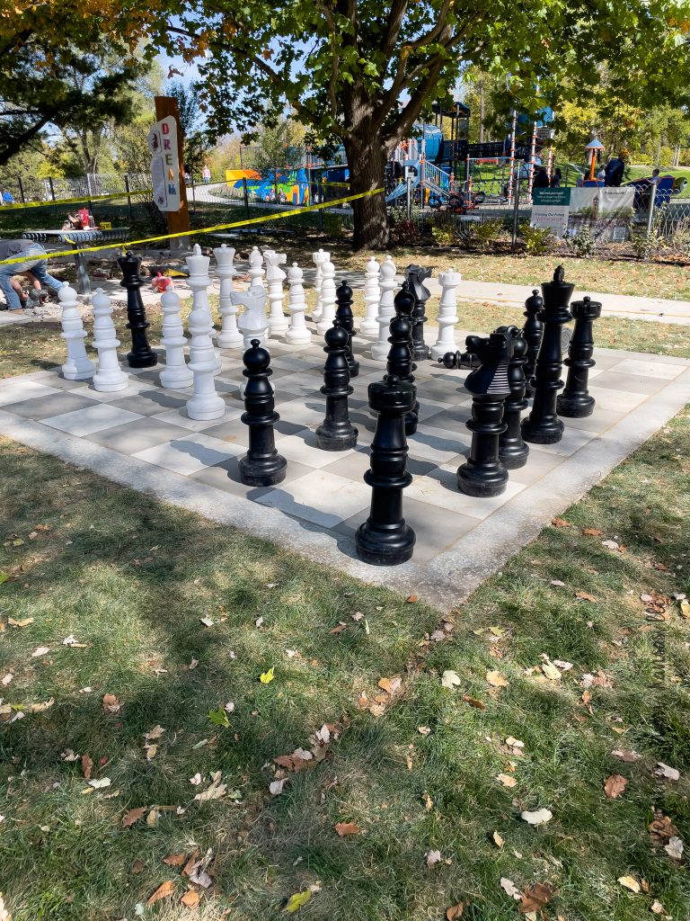 full size chess board and pieces at Strang Park, Overland Park KS