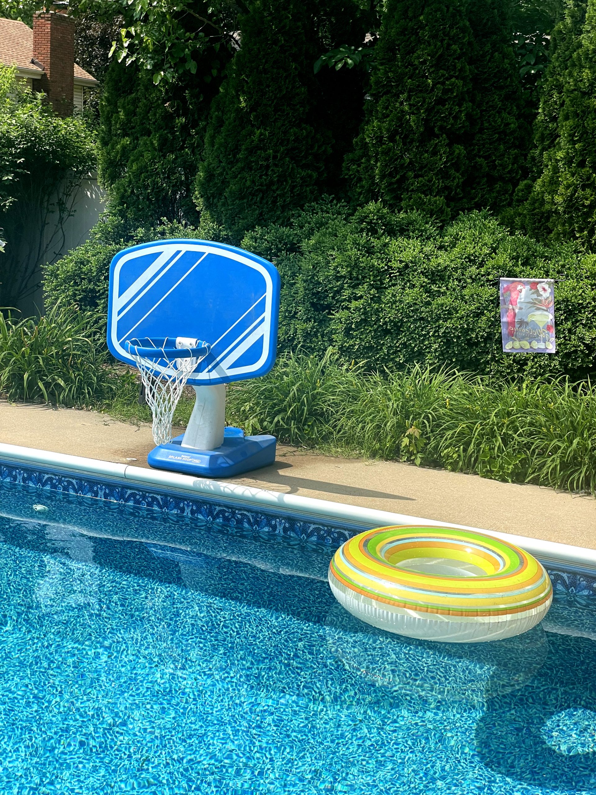 Basketball next to pool with inner tube floating