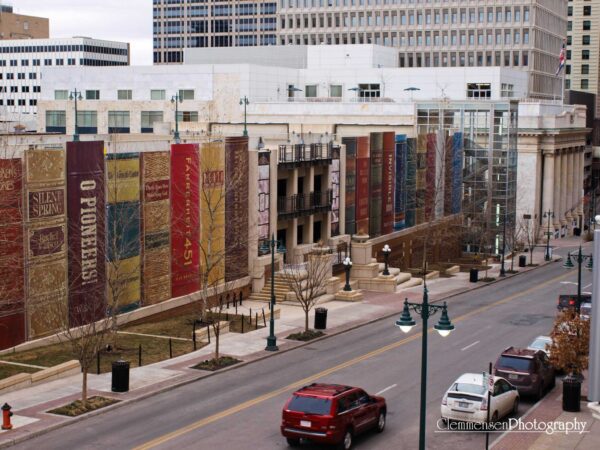 parking garage of downtown library, with set of books